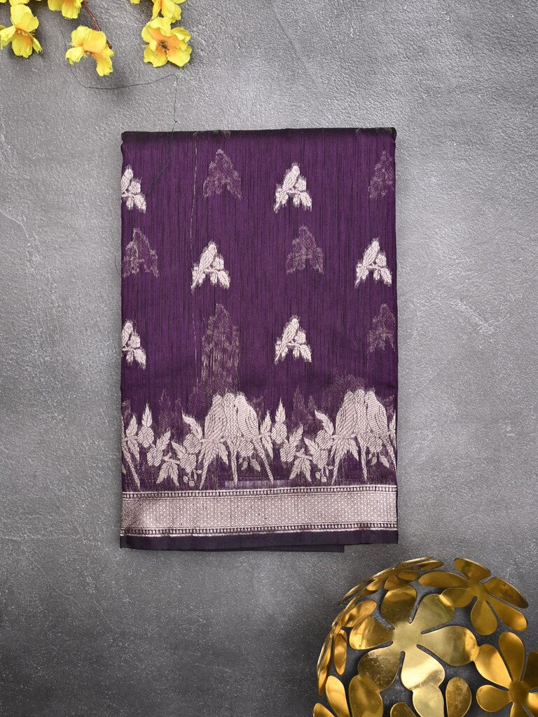 Raw silk fancy saree violet color allover zari motifs & zari border with zari pallu and plain blouse