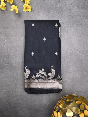 Raw silk fancy saree dark blue color allover zari motifs & zari border with zari pallu and plain blouse