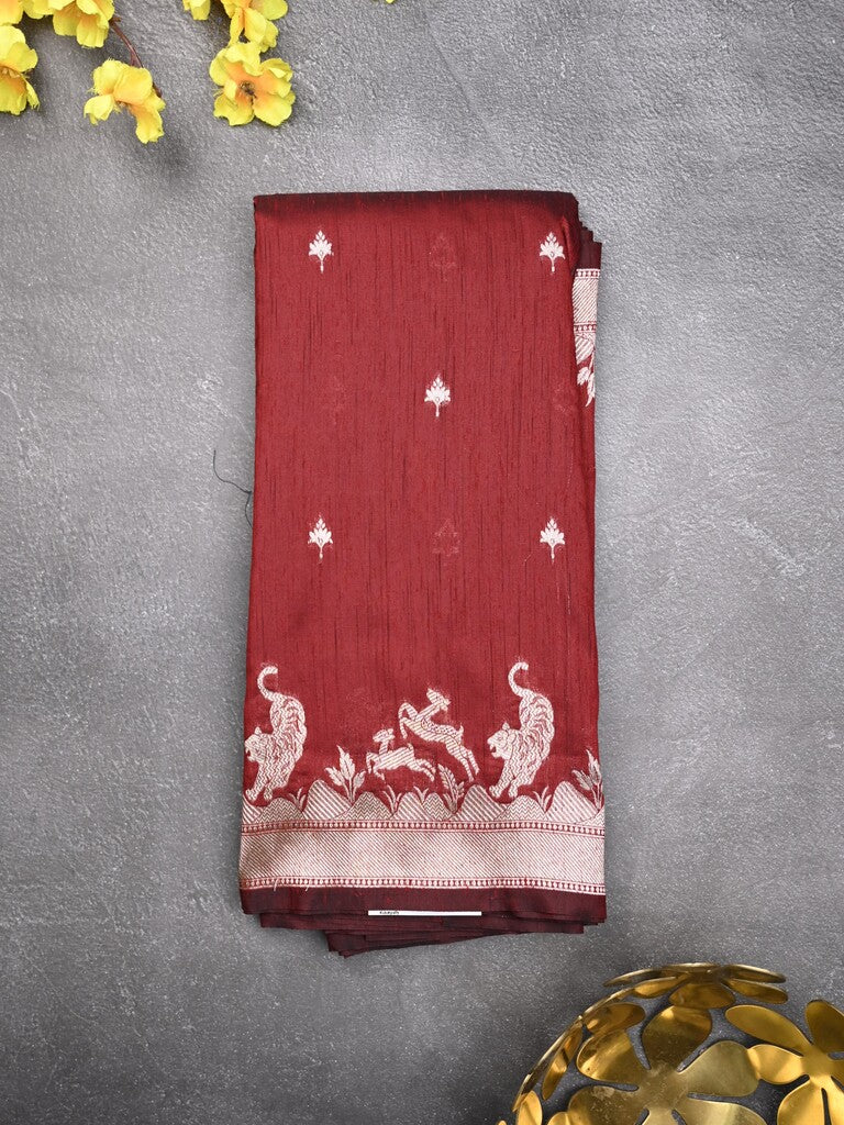 Raw silk fancy saree maroon color allover zari motifs & zari border with zari pallu and plain blouse