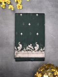 Raw silk fancy saree dark green color allover zari motifs & zari border with zari pallu and plain blouse