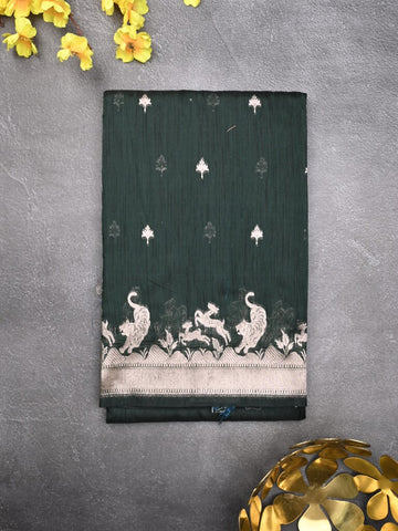 Raw silk fancy saree dark green color allover zari motifs & zari border with zari pallu and plain blouse