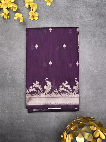 Raw silk fancy saree dark violet color allover zari motifs & zari border with zari pallu and plain blouse