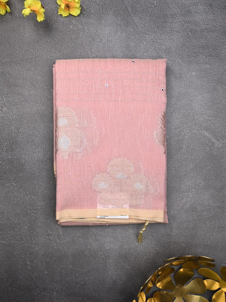 Chanderi fancy saree baby pink color allover mirror work & zari border with short pallu and self blouse