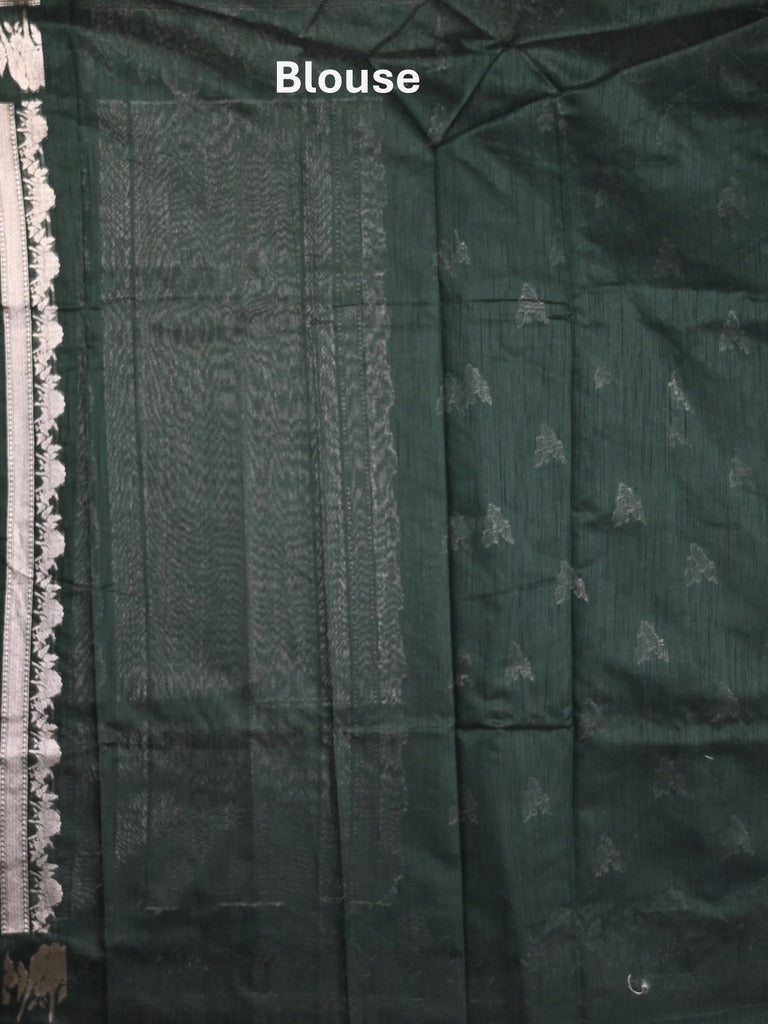 Raw silk fancy saree dark green color allover zari motifs & zari border with zari pallu and plain blouse
