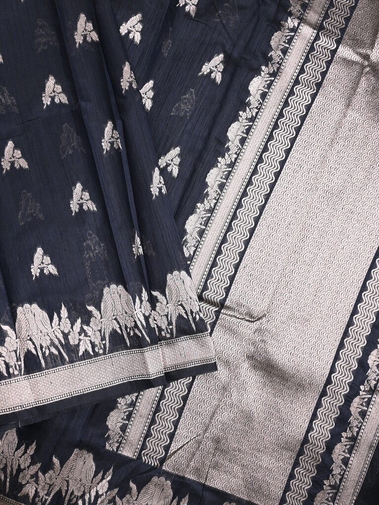 Raw silk fancy saree black color allover zari motifs & zari border with zari pallu and plain blouse