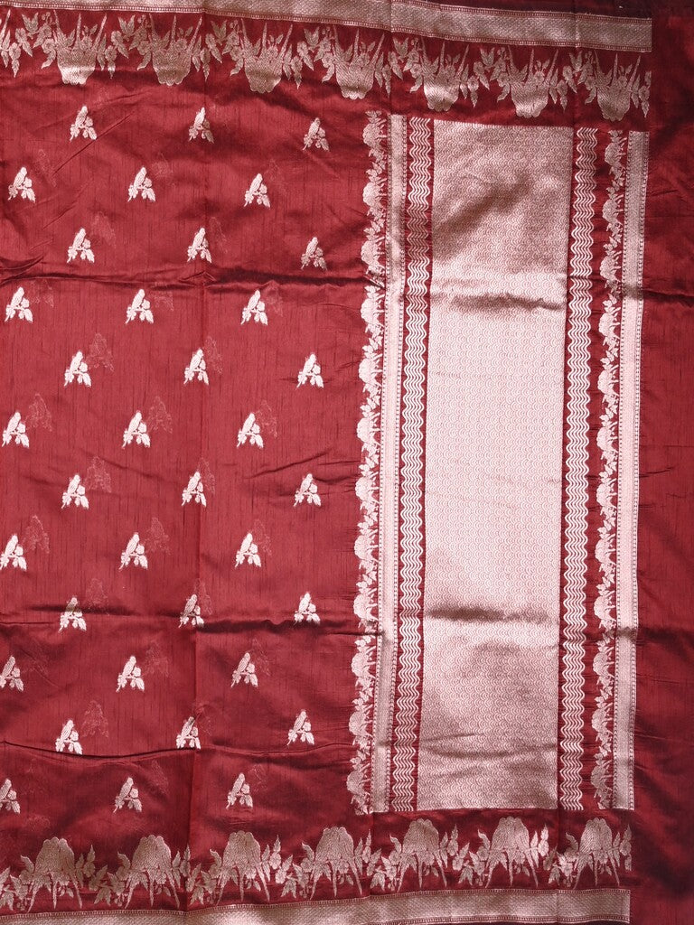 Raw silk fancy saree maroon color allover zari motifs & zari border with zari pallu and plain blouse