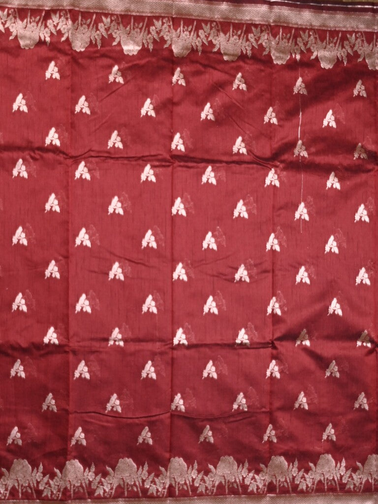 Raw silk fancy saree maroon color allover zari motifs & zari border with zari pallu and plain blouse