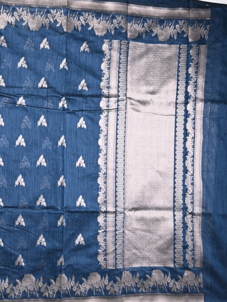 Raw silk fancy saree blue color allover zari motifs & zari border with zari pallu and plain blouse
