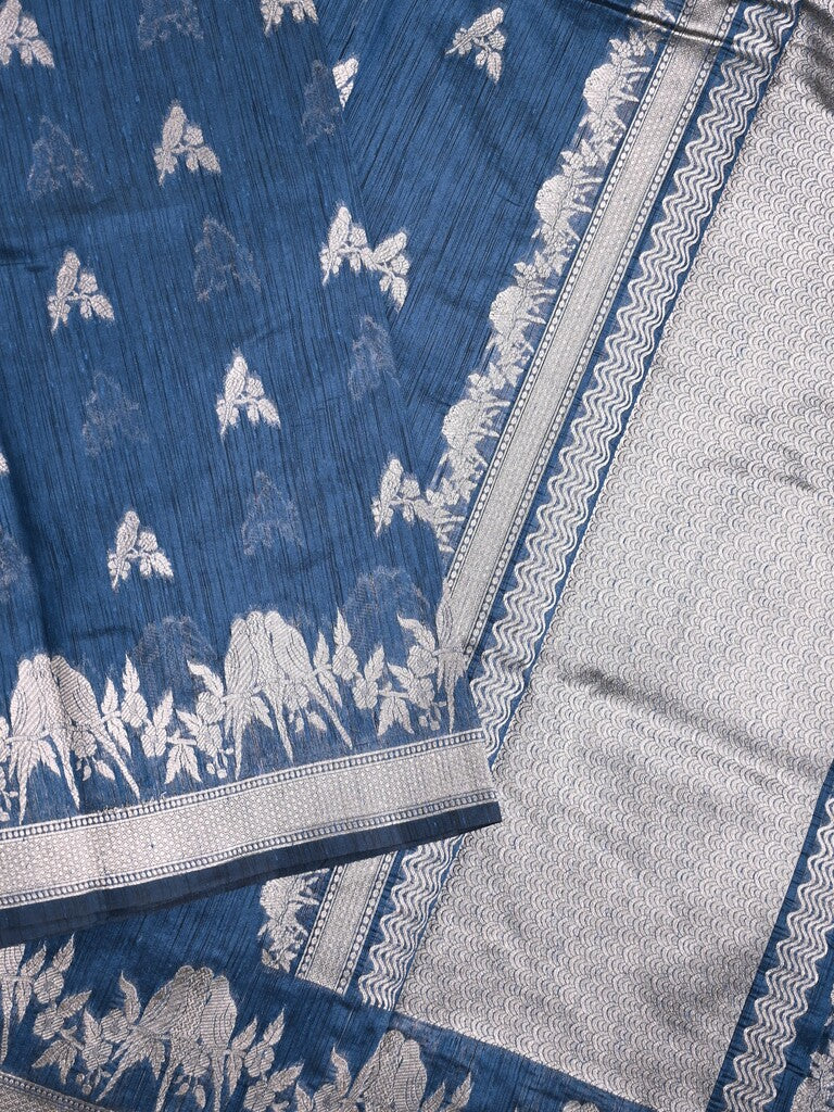 Raw silk fancy saree blue color allover zari motifs & zari border with zari pallu and plain blouse
