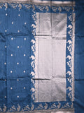 Raw silk fancy saree blue color allover zari motifs & zari border with zari pallu and plain blouse