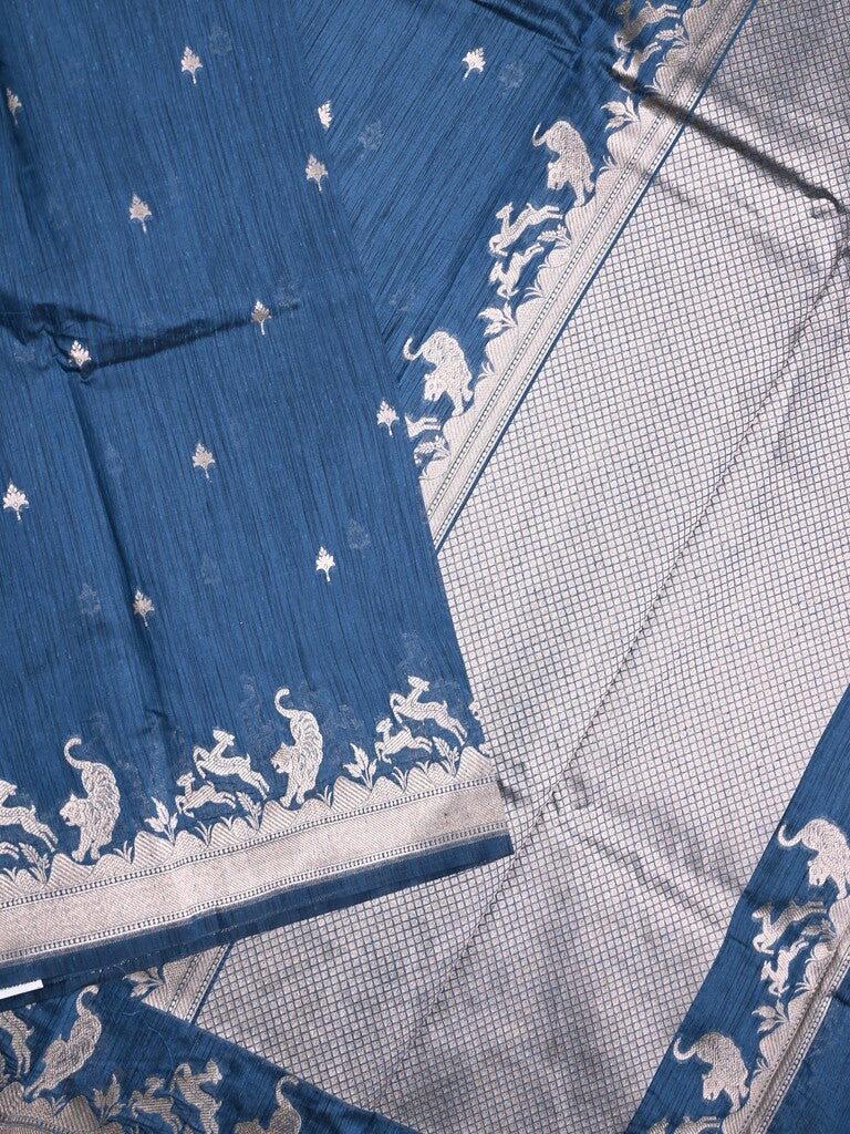 Raw silk fancy saree blue color allover zari motifs & zari border with zari pallu and plain blouse