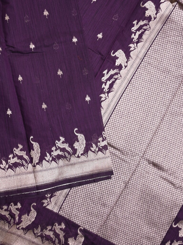 Raw silk fancy saree dark violet color allover zari motifs & zari border with zari pallu and plain blouse