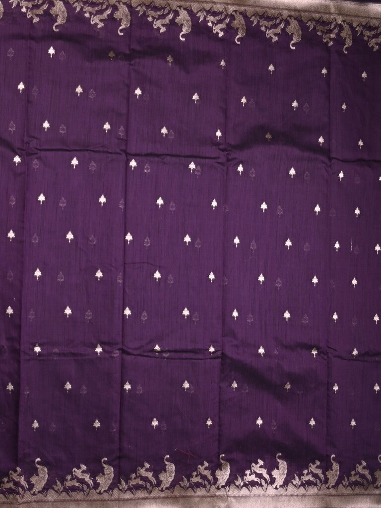 Raw silk fancy saree dark violet color allover zari motifs & zari border with zari pallu and plain blouse