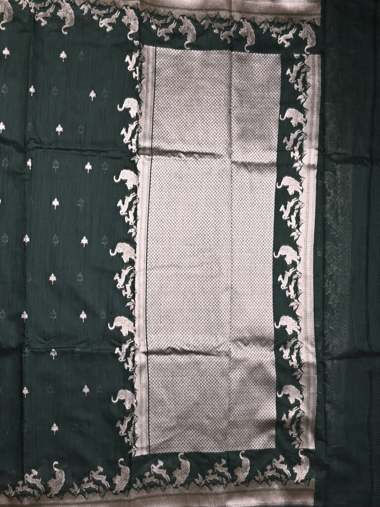 Raw silk fancy saree dark green color allover zari motifs & zari border with zari pallu and plain blouse