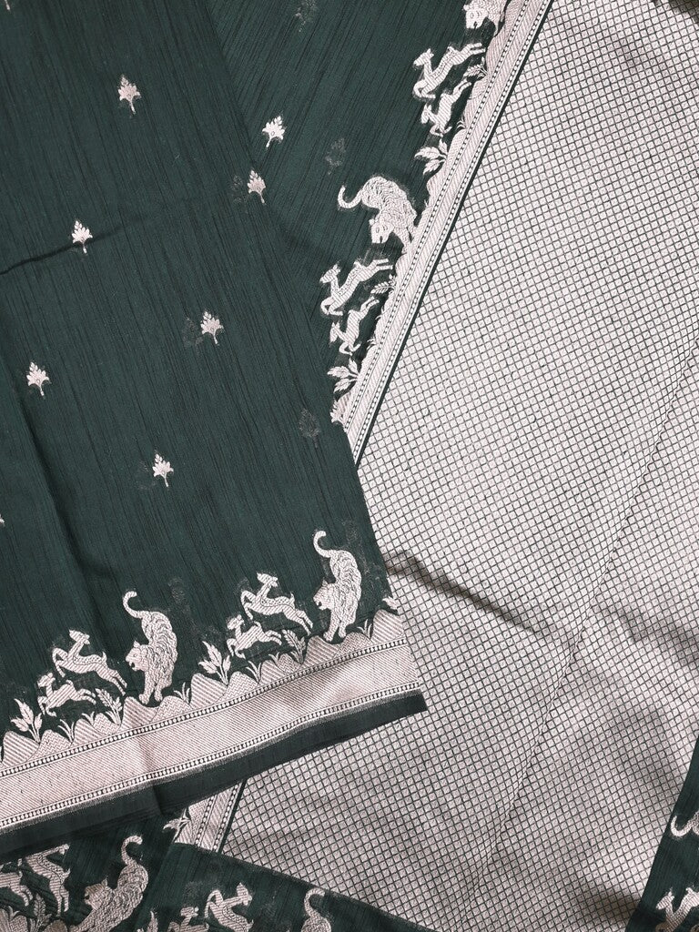 Raw silk fancy saree dark green color allover zari motifs & zari border with zari pallu and plain blouse