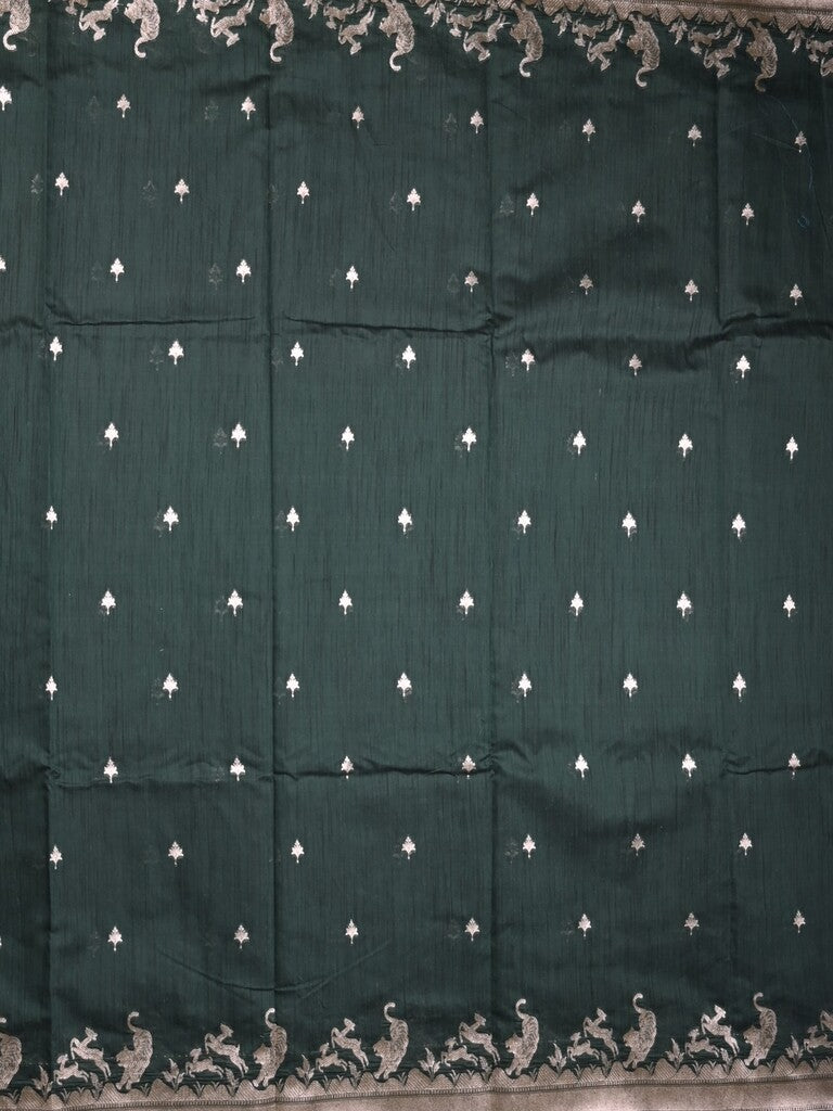 Raw silk fancy saree dark green color allover zari motifs & zari border with zari pallu and plain blouse