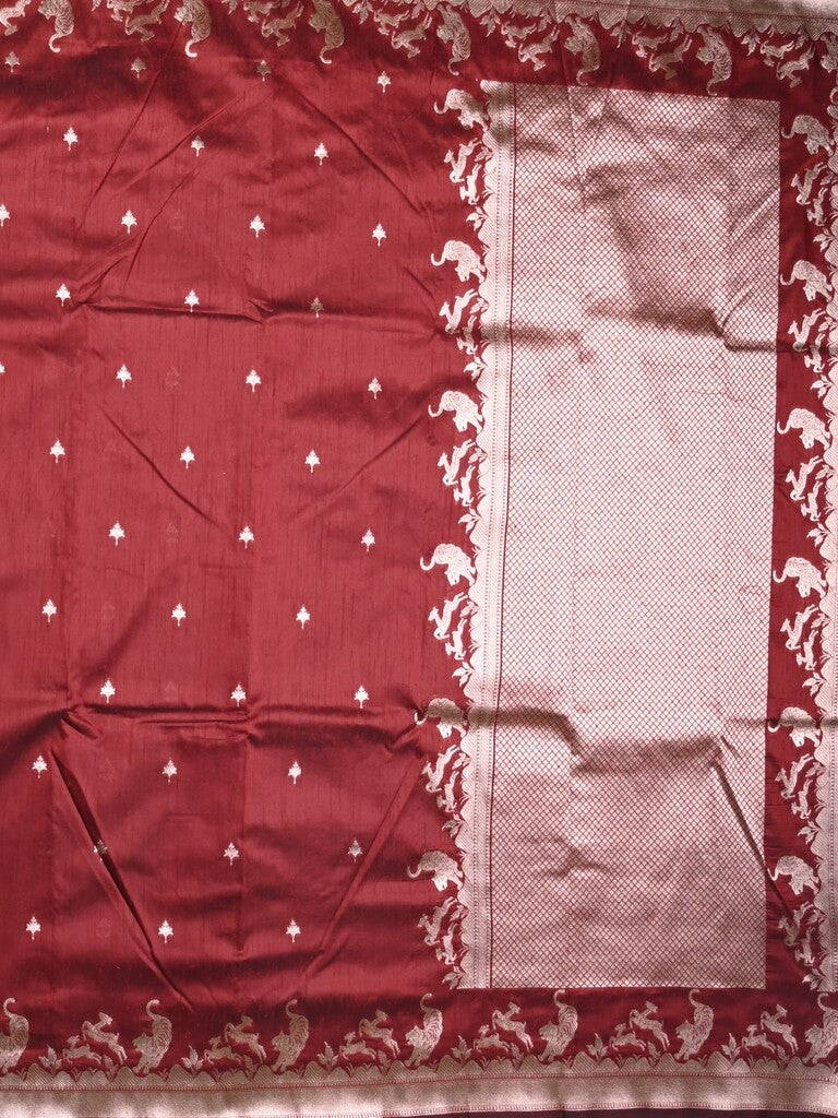 Raw silk fancy saree maroon color allover zari motifs & zari border with zari pallu and plain blouse