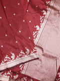Raw silk fancy saree maroon color allover zari motifs & zari border with zari pallu and plain blouse
