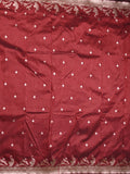 Raw silk fancy saree maroon color allover zari motifs & zari border with zari pallu and plain blouse