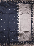 Raw silk fancy saree dark blue color allover zari motifs & zari border with zari pallu and plain blouse
