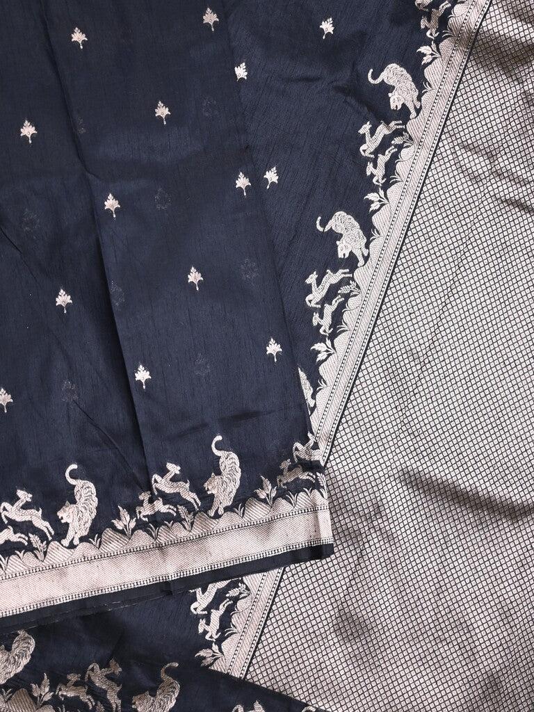 Raw silk fancy saree dark blue color allover zari motifs & zari border with zari pallu and plain blouse