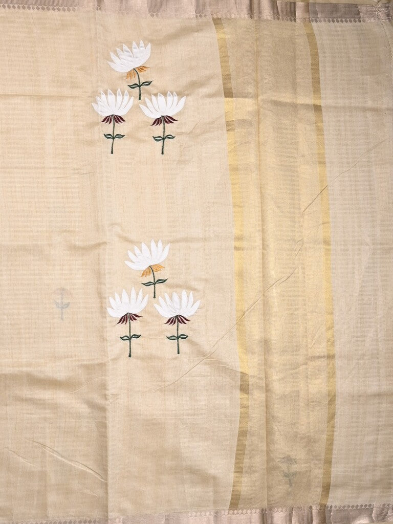 Chanderi fancy saree light cream color allover prints & zari border with short pallu and plain blouse