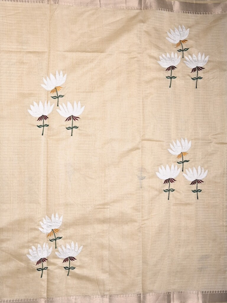 Chanderi fancy saree light cream color allover prints & zari border with short pallu and plain blouse