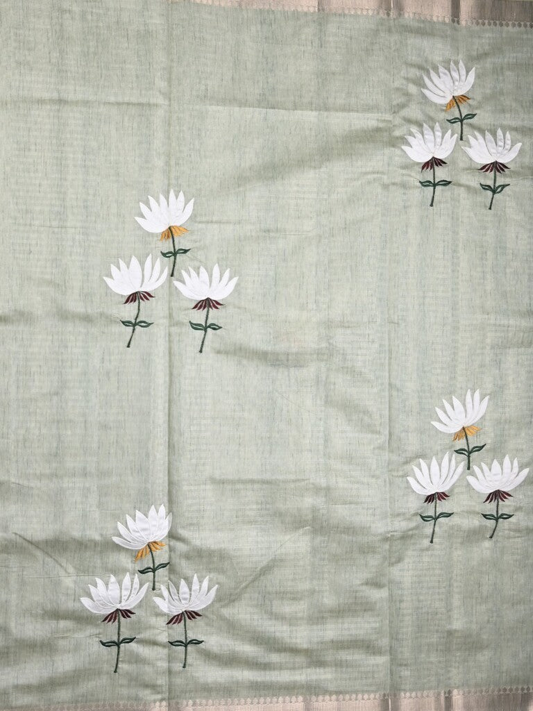 Chanderi fancy saree light grey color allover prints & zari border with short pallu and plain blouse