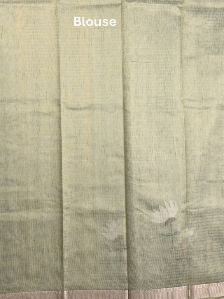 Chanderi fancy saree light grey color allover prints & zari border with short pallu and plain blouse