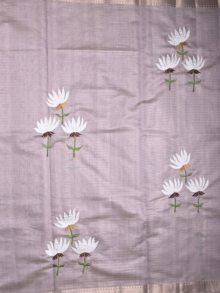 Chanderi fancy saree light lavender color allover prints & zari border with short pallu and plain blouse