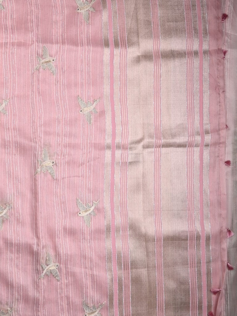 Jute tissue fancy saree baby pink color allover sequence work with short pallu and contrast blouse