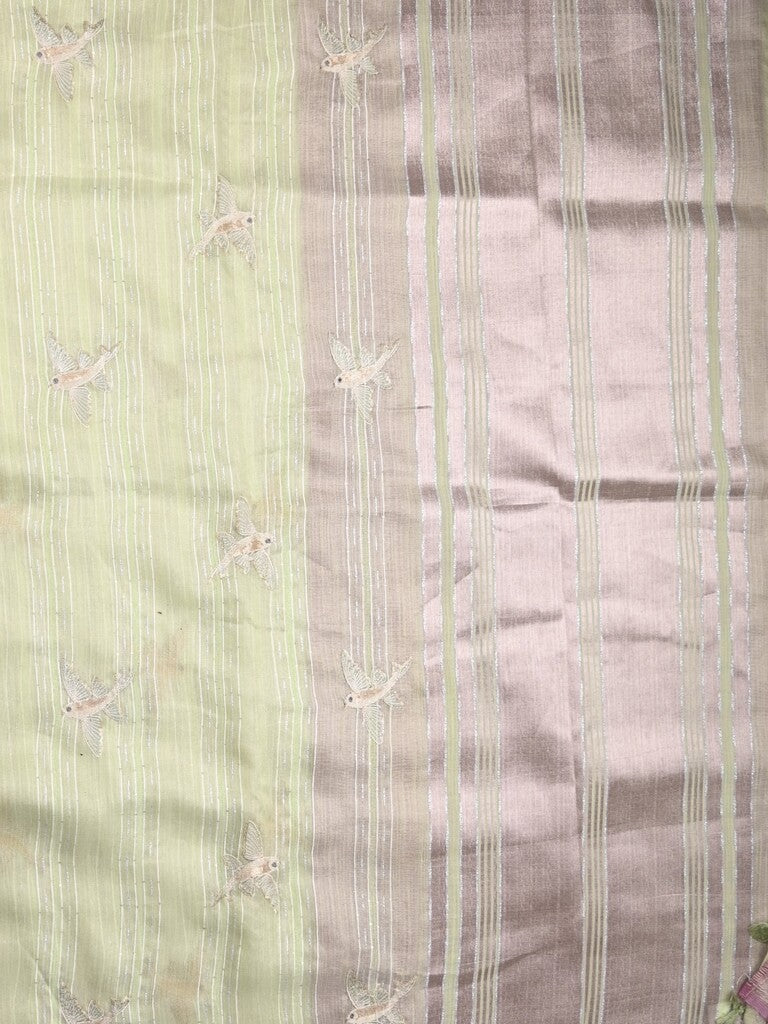 Jute tissue fancy saree light pastel green color allover sequence work with short pallu and contrast blouse