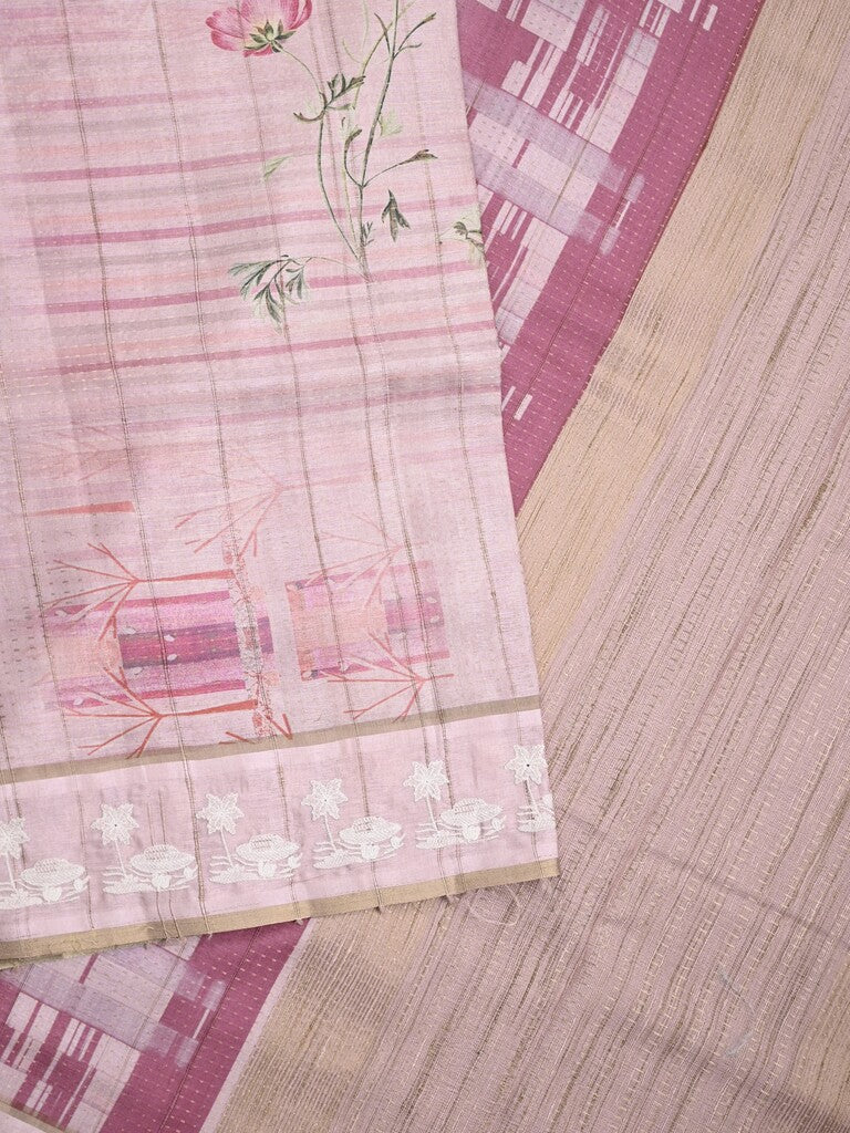 Tussar tissue fancy saree light purple color allover prints & embroidery border with short pallu and plain blouse