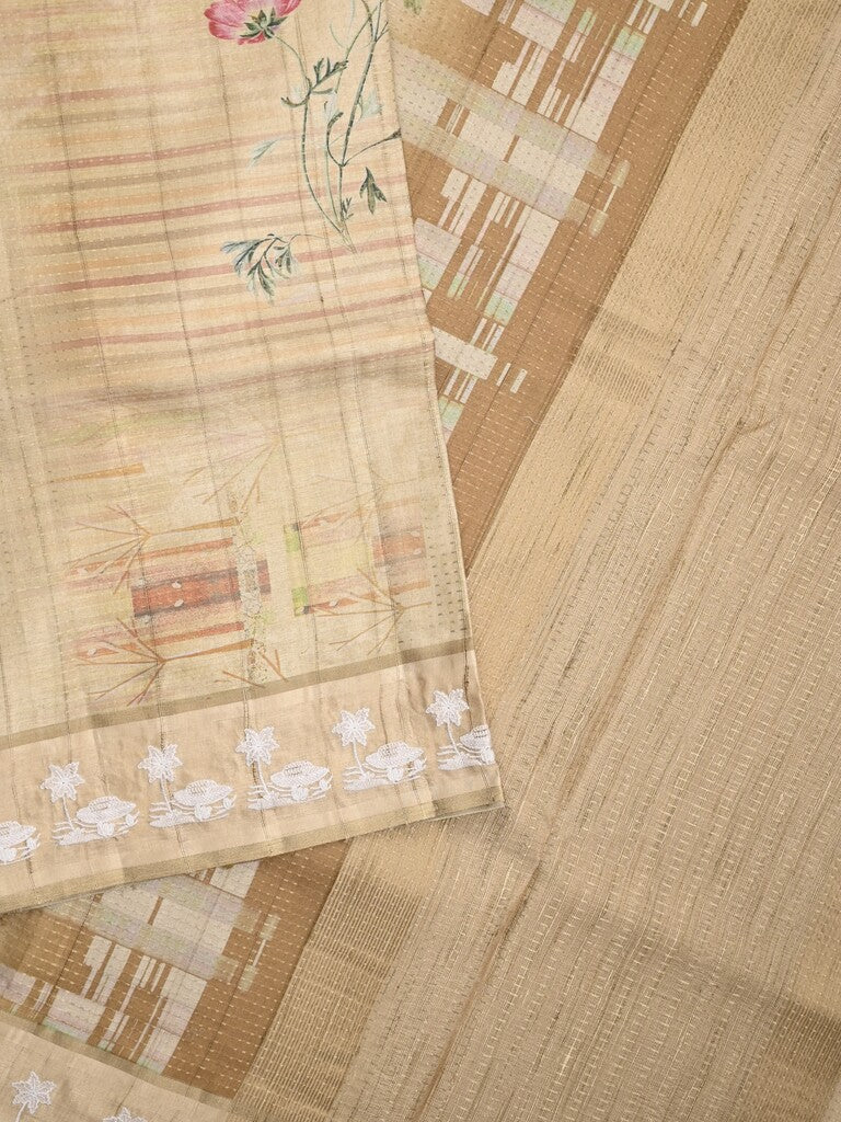 Tussar tissue fancy saree beige color allover prints & embroidery border with short pallu and plain blouse