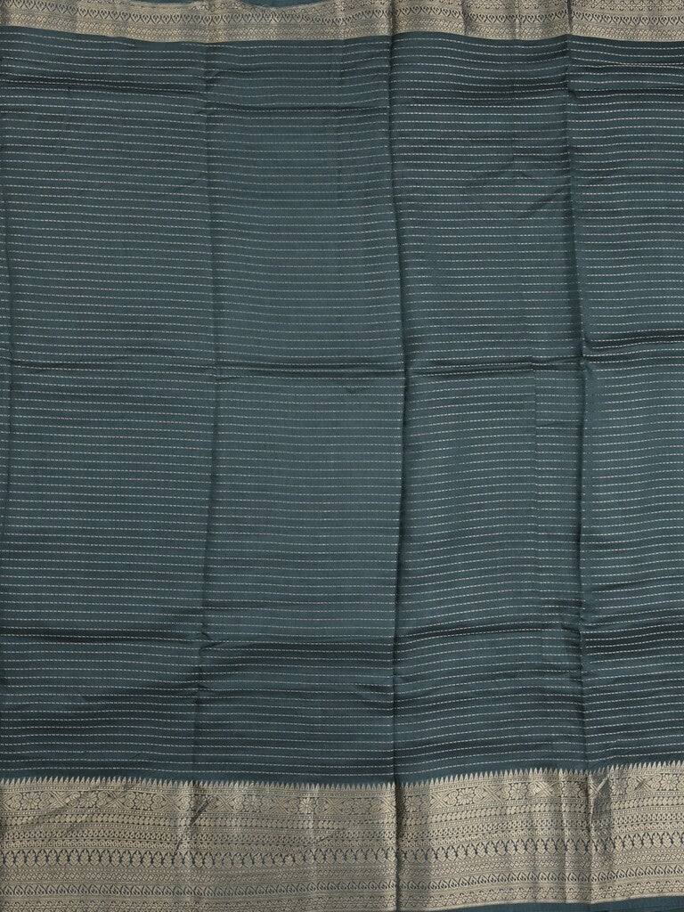 Georgette fancy saree dark green color allover stripes & zari border with short pallu and self blouse