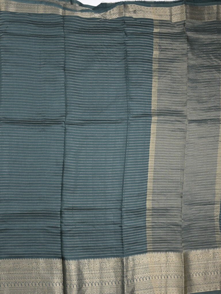 Georgette fancy saree dark green color allover stripes & zari border with short pallu and self blouse