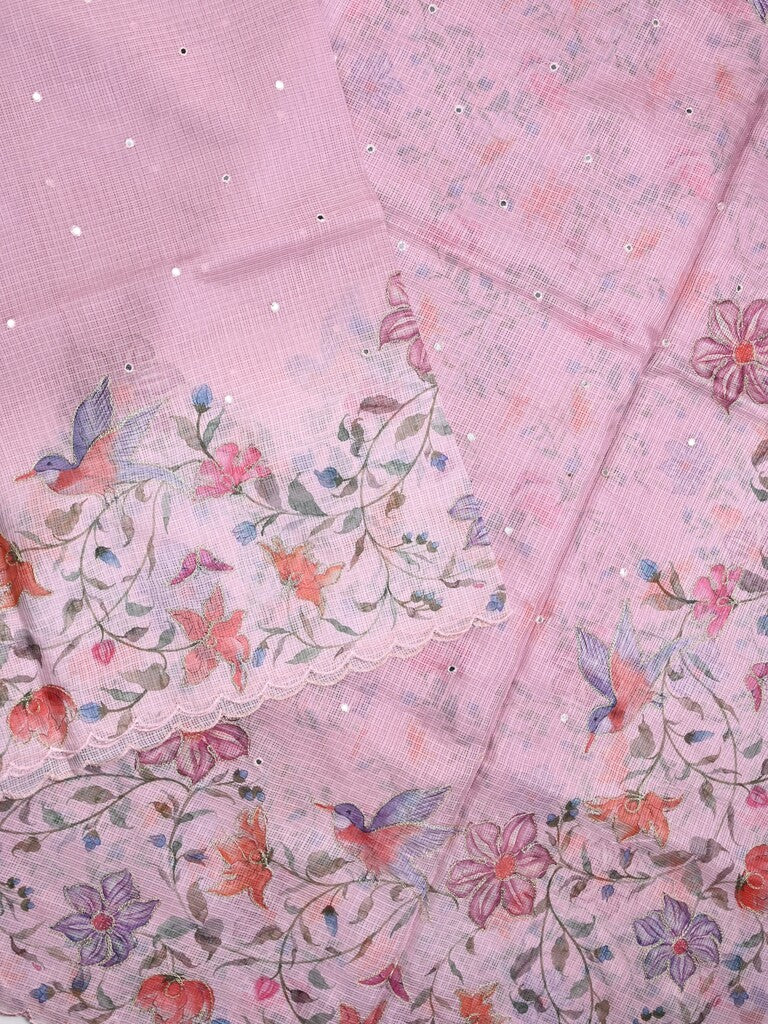 Silk kota fancy saree light pink color allover mirror work & sequence cutwork border with running pallu and printed blouse