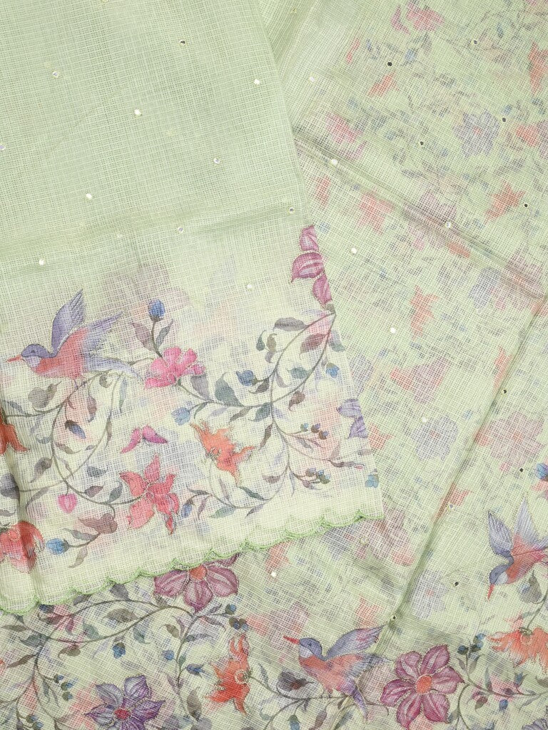 Silk kota fancy saree light pastel green color allover mirror work & sequence cutwork border with running pallu and printed blouse