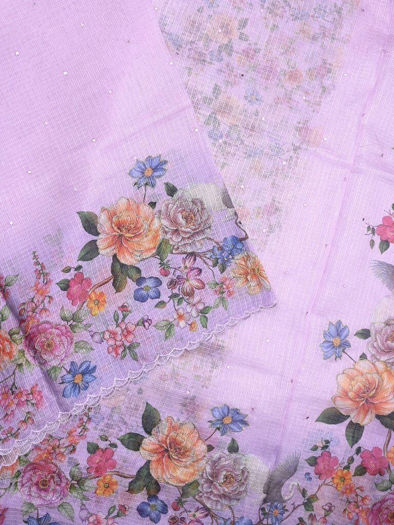 Silk kota fancy saree light lavender color allover mirror work & sequence cutwork border with running pallu and printed blouse