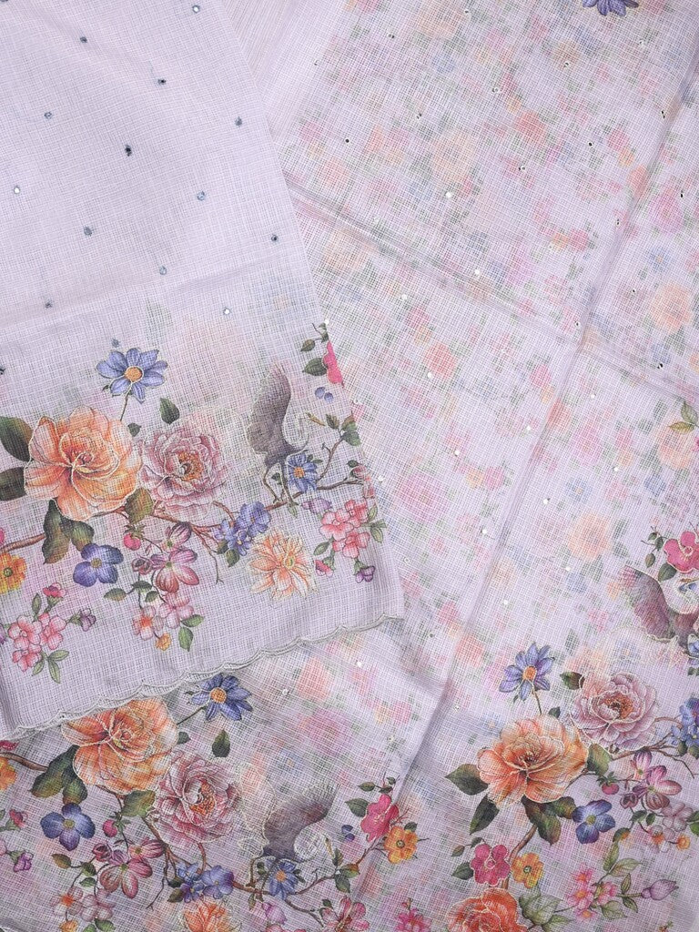 Silk kota fancy saree light grey color allover mirror work & sequence cutwork border with running pallu and printed blouse