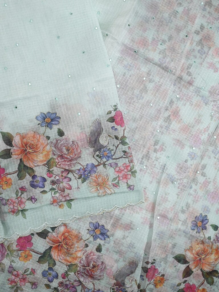 Silk kota fancy saree pastel blue color allover mirror work & sequence cutwork border with running pallu and printed blouse