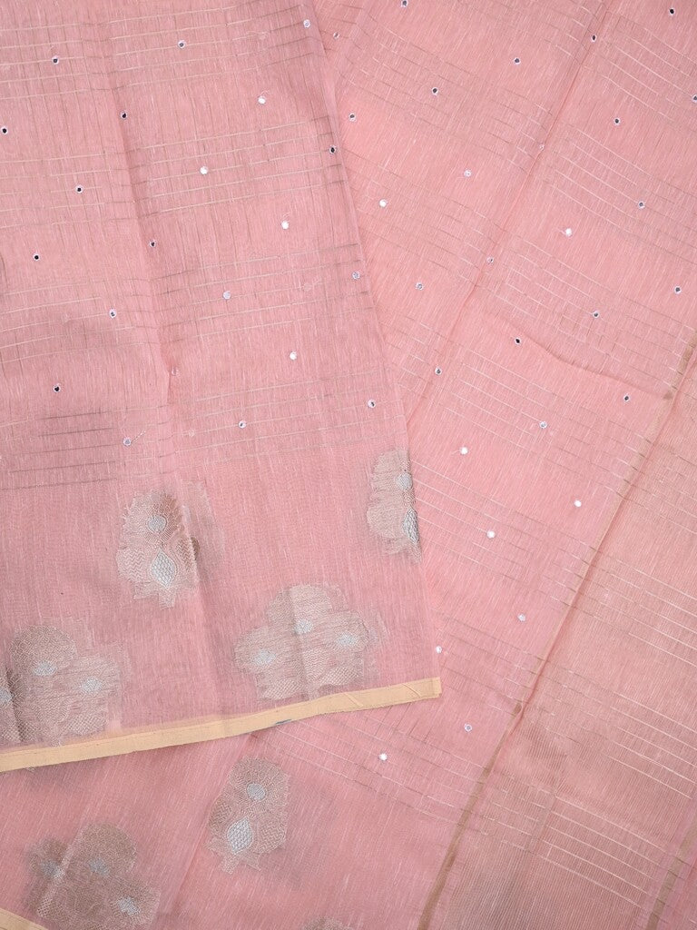 Chanderi fancy saree baby pink color allover mirror work & zari border with short pallu and self blouse