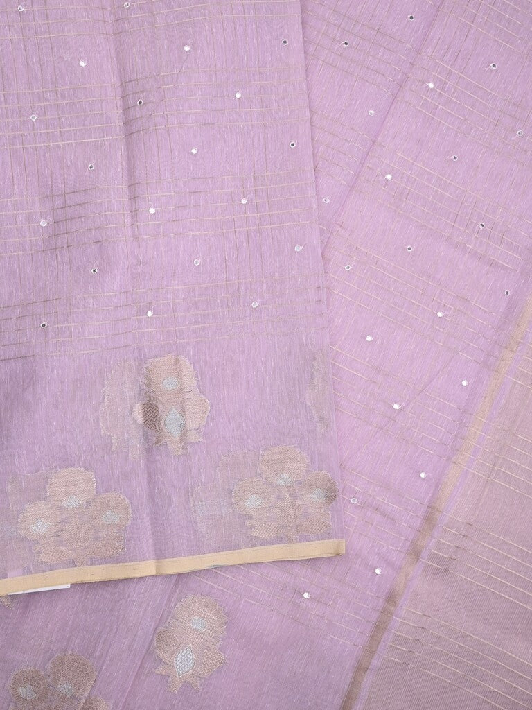 Chanderi fancy saree lavender color allover mirror work & zari border with short pallu and self blouse