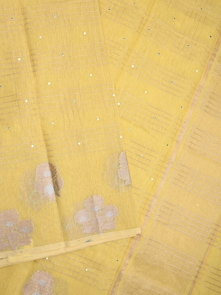 Chanderi fancy saree yellow color allover mirror work & zari border with short pallu and self blouse