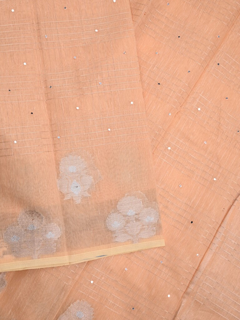 Chanderi fancy saree peach color allover mirror work & zari border with short pallu and self blouse