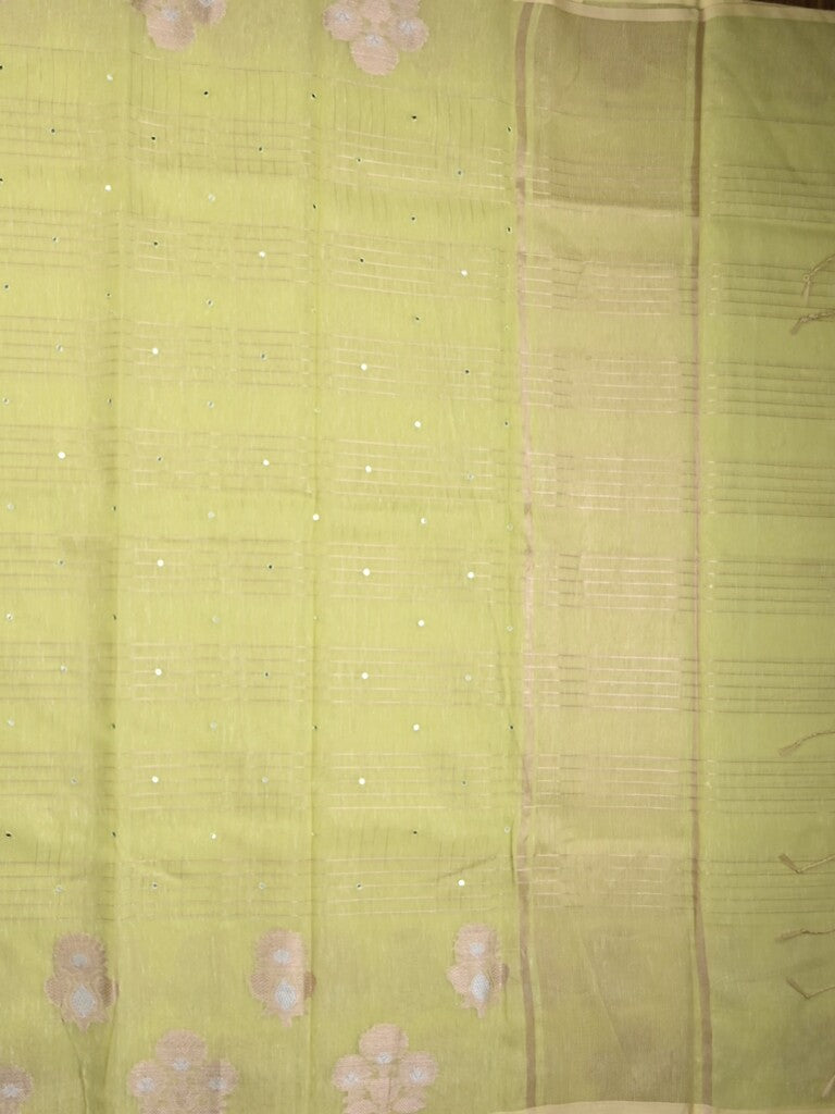 Chanderi fancy saree light green color allover mirror work & zari border with short pallu and self blouse