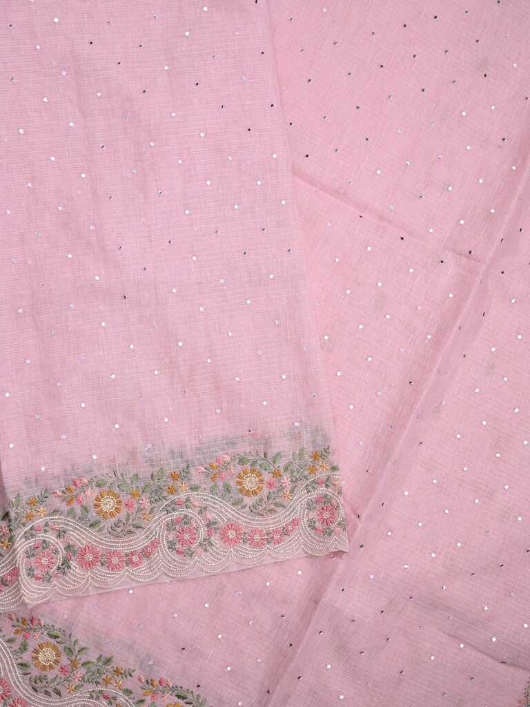 Chanderi fancy saree baby pink color allover mirror work & embroidery cutwork border with running pallu and attached blouse
