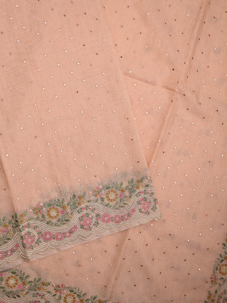Chanderi fancy saree peach color allover mirror work & embroidery cutwork border with running pallu and attached blouse
