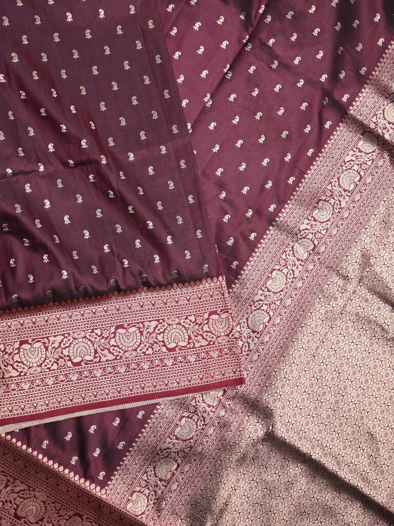 Dupion fancy saree dark maroon color allover zari motifs & zari border with rich pallu and plain blouse