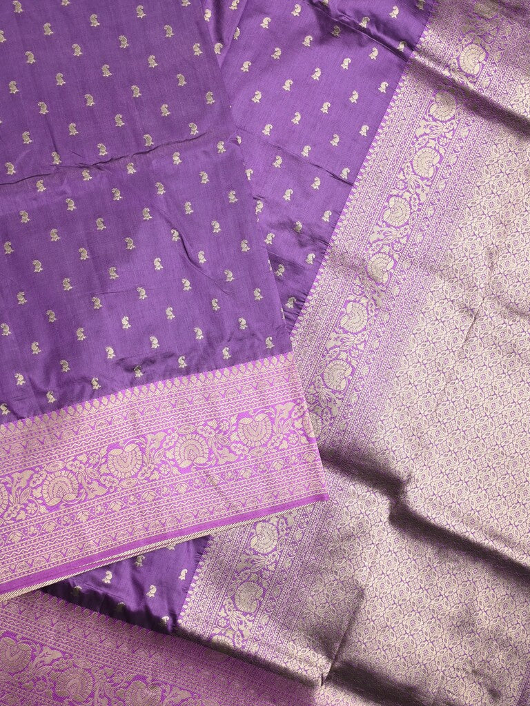 Dupion fancy saree violet color allover zari motifs & zari border with rich pallu and plain blouse